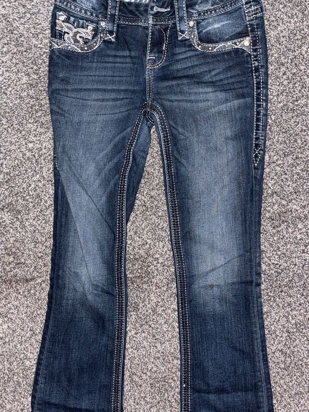 Rock Revival Dark Blue Flare Jeans with Embellished Pockets